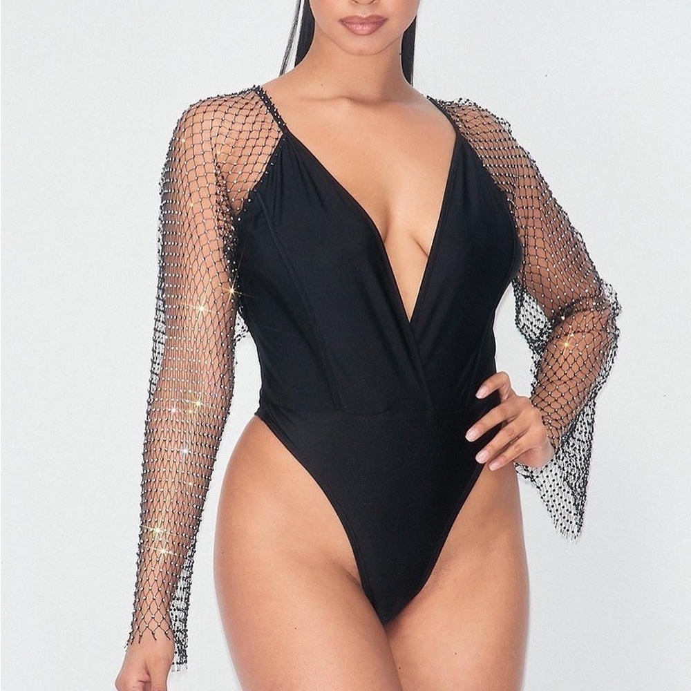 Sexy Bodysuit with Rhinestone Sleeves